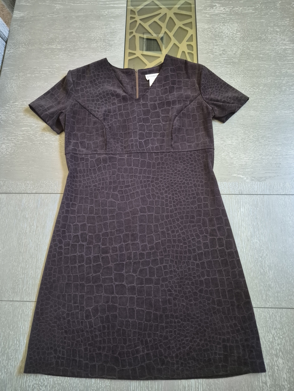 Croc-Textured Short-Sleeve Mini Dress in Dark Brown